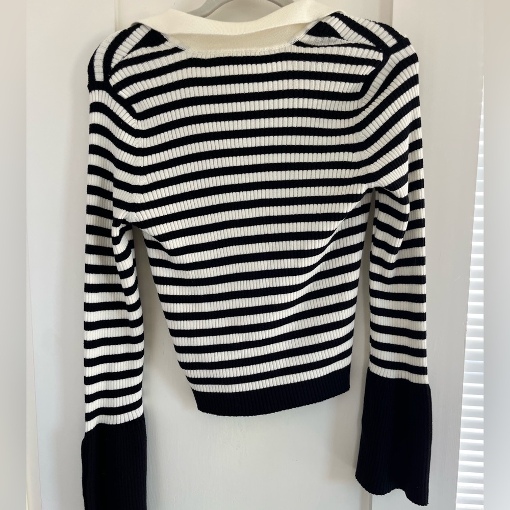 Anthropologie Black and White Striped Ribbed Polo Sweater - Picture 4 of 5